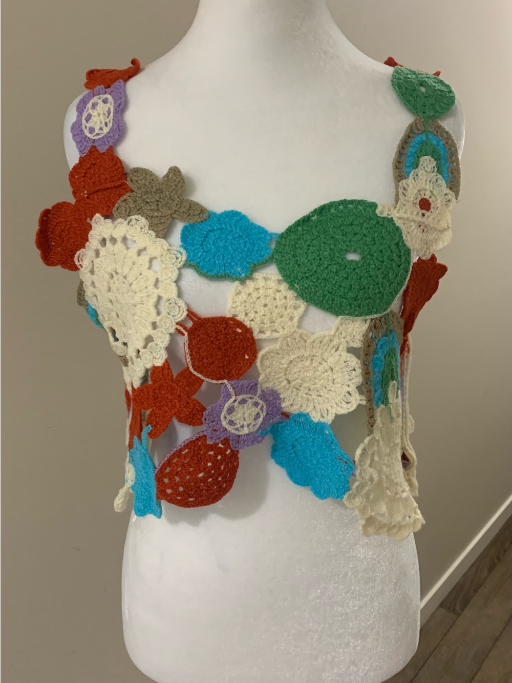 POL Crochet Floral Patchwork Tank Top in Green, Turquoise, Cream, Rust, Purple